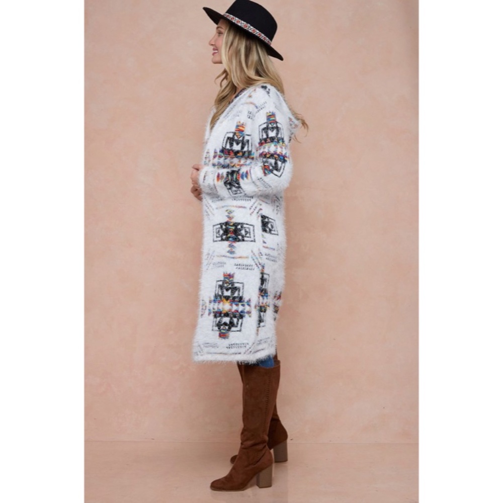 Aztec Rainbow Boho Cowichan Jacquard Eyelash Fuzzy Cardigan Knit Sweater - Picture 3 of 6